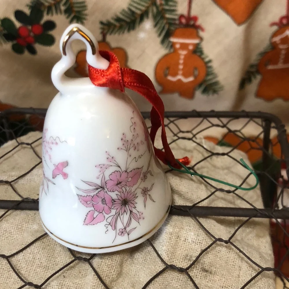 German Kronach (West Germany) Porcelain Pink Floral & Bird Bell w 22K Gold...